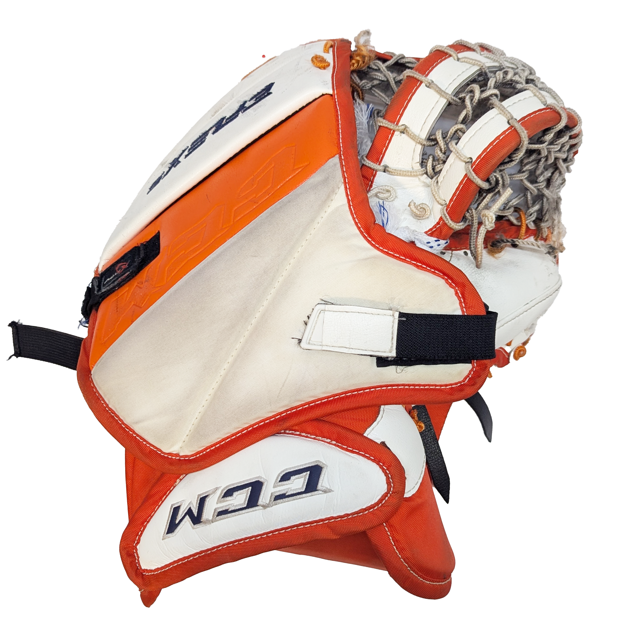 CCM Extreme Flex 5 - Used Pro Stock Goalie Glove (White/Orange/Navy)