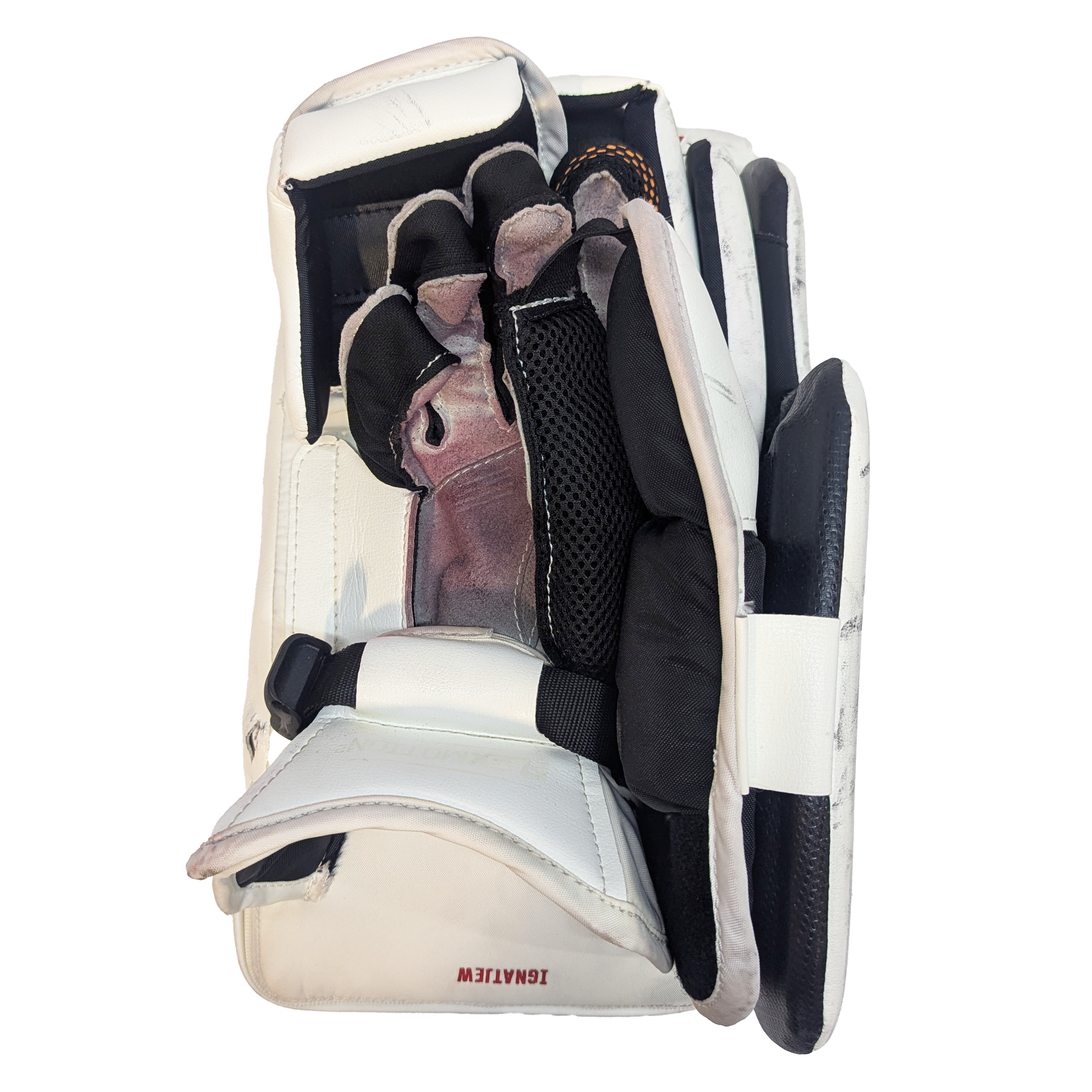 CCM Extreme Flex 6 - Used AHL Pro Stock Goalie Blocker (White/Red/Yellow)