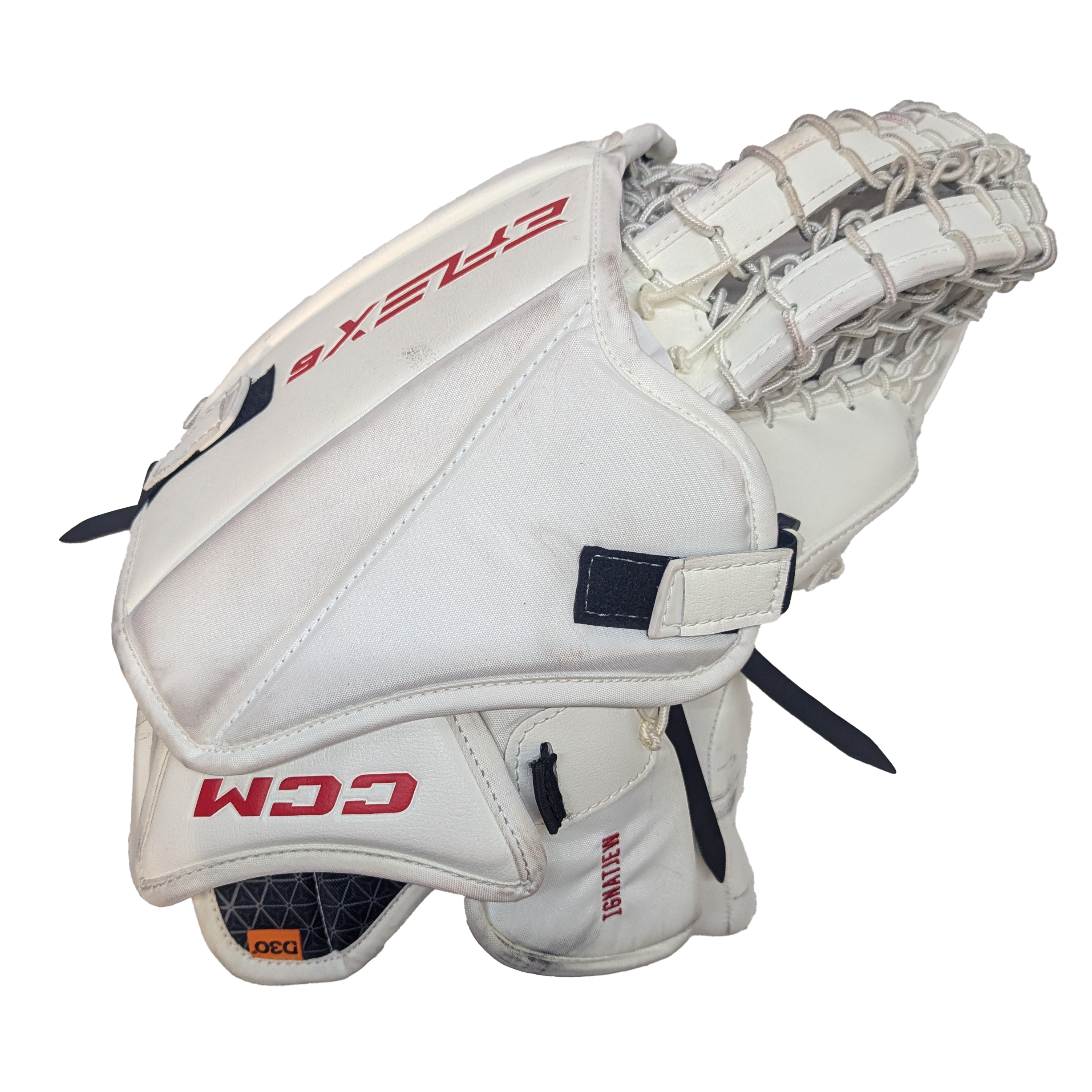 CCM Extreme Flex 6 - Used AHL Pro Stock Goalie Glove (White/Yellow/Red)