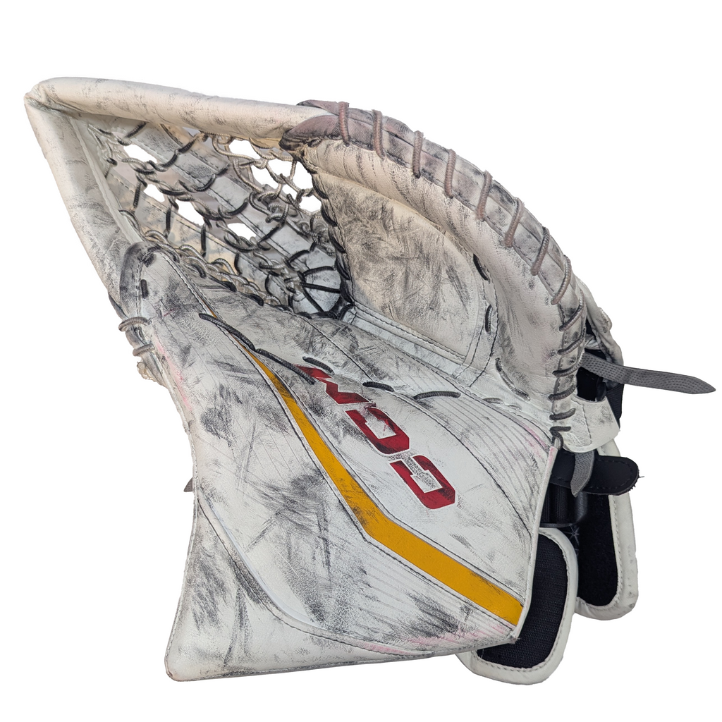 CCM Extreme Flex 6 - Used AHL Pro Stock Goalie Glove (White/Yellow/Red)