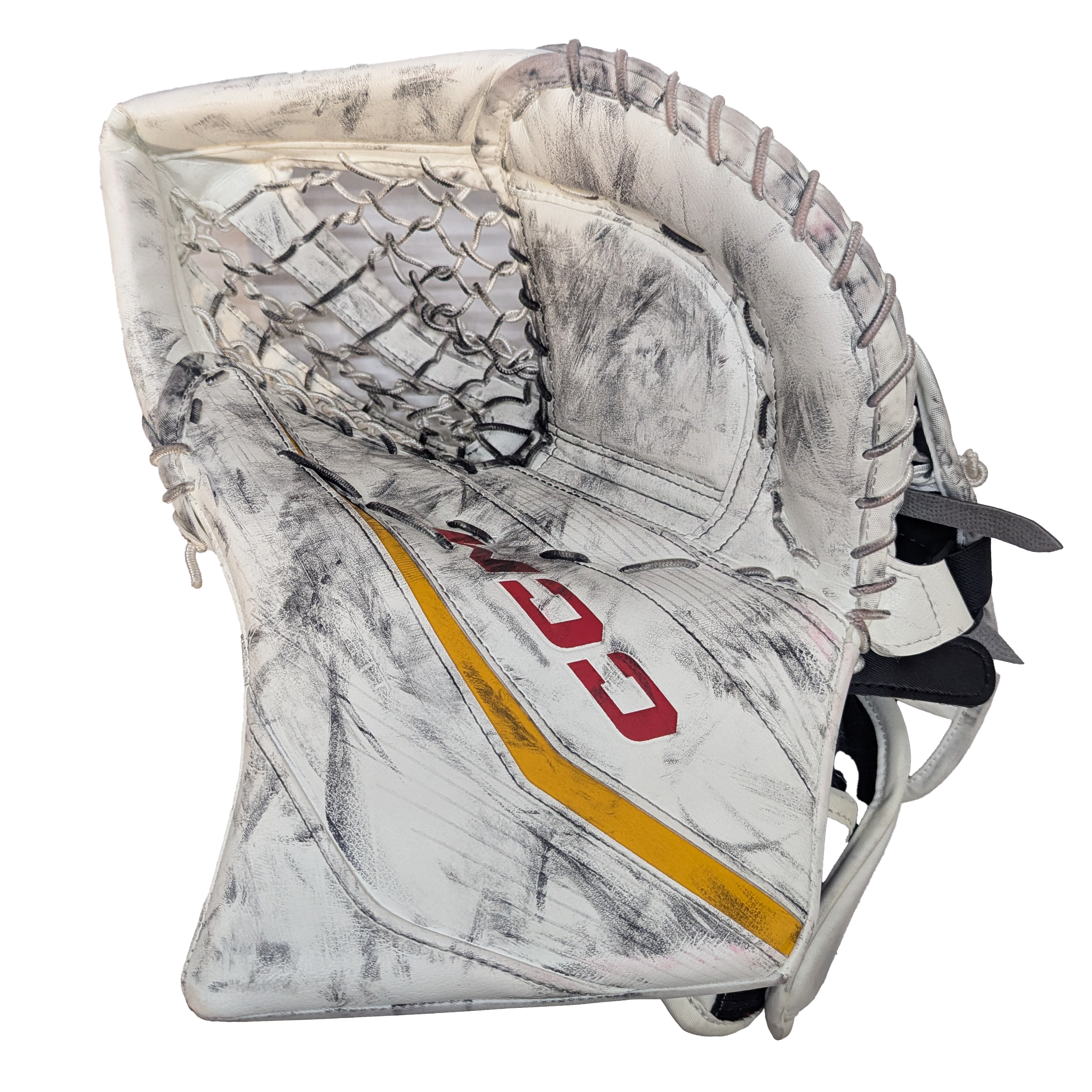 CCM Extreme Flex 6 - Used AHL Pro Stock Goalie Glove (White/Red/Yellow)