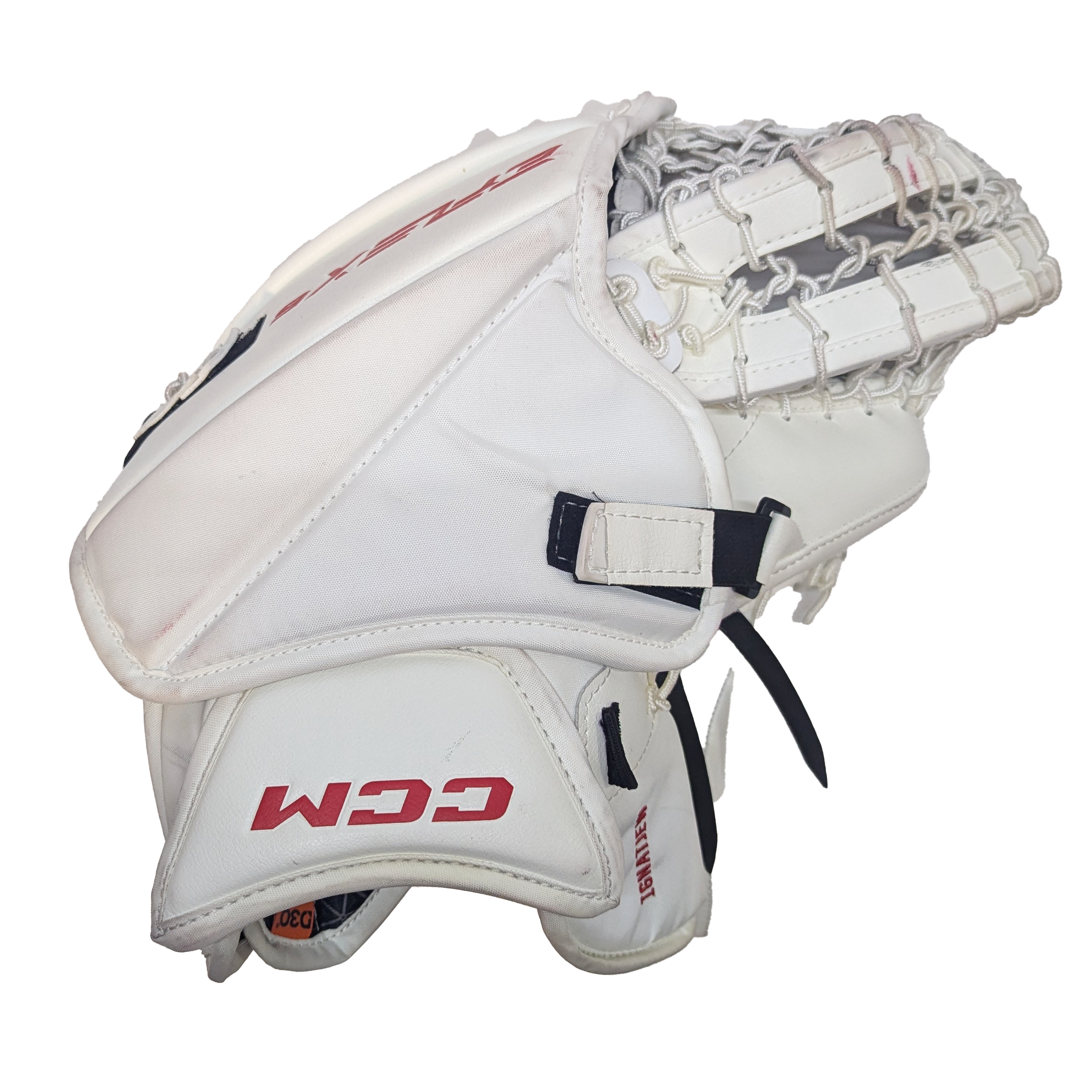 CCM Extreme Flex 6 - Used AHL Pro Stock Goalie Glove (White/Red/Yellow)