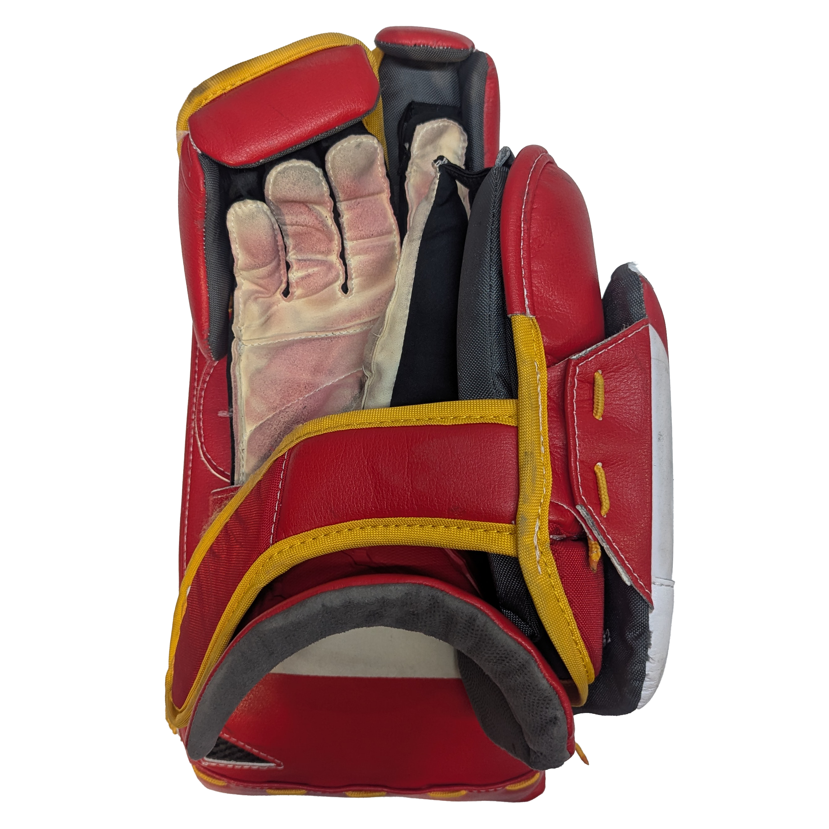 Bauer Supreme Shadow - AHL Used Pro Stock Goalie Blocker (White/Red/Yellow)